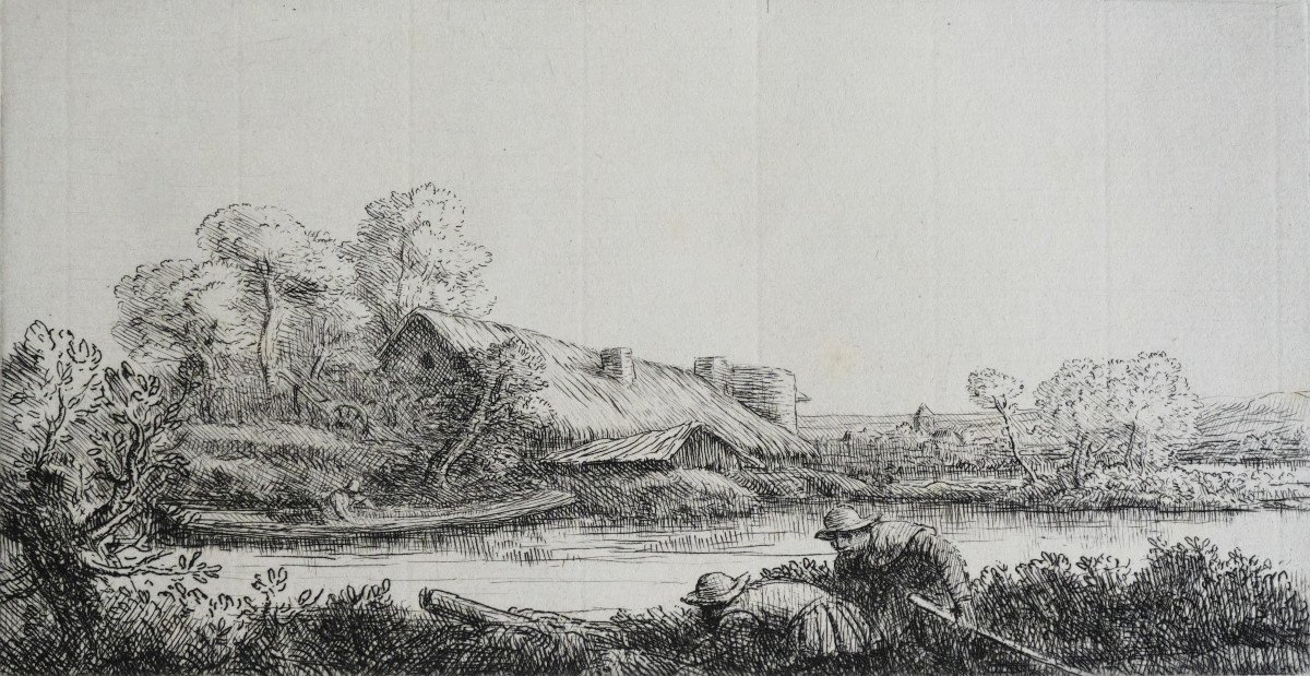 Alphonse Legros, Ferme sur la rivière - Effet du soir,  pointe-sèche, estampe signée dans la marge