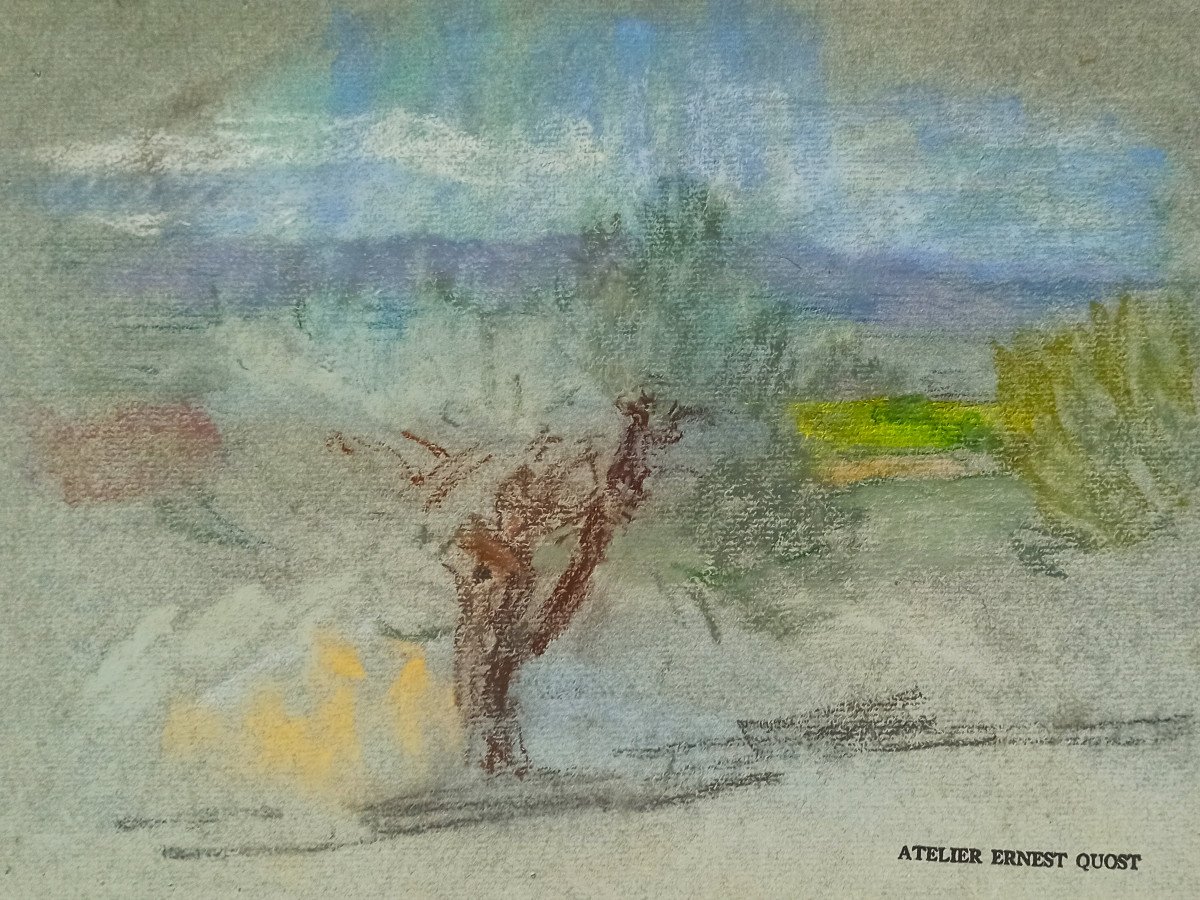 Ernest Quost (1842 – 1931), A Luminous Landscape, Pastel On Blue Paper (workshop Stamp)