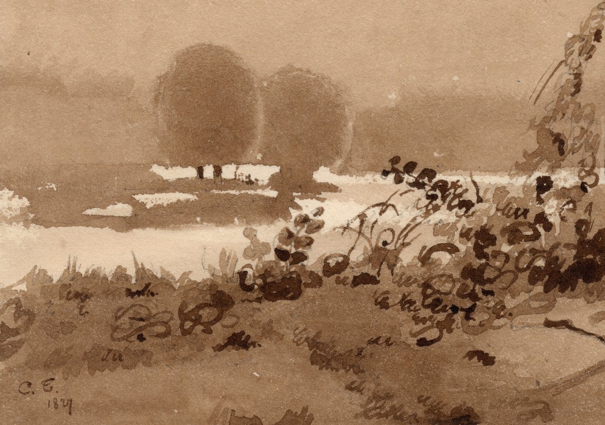 Claude Thiénon, 1827, Deux silhouettes aux abords d'un lac, dessin au lavis, signé-photo-2