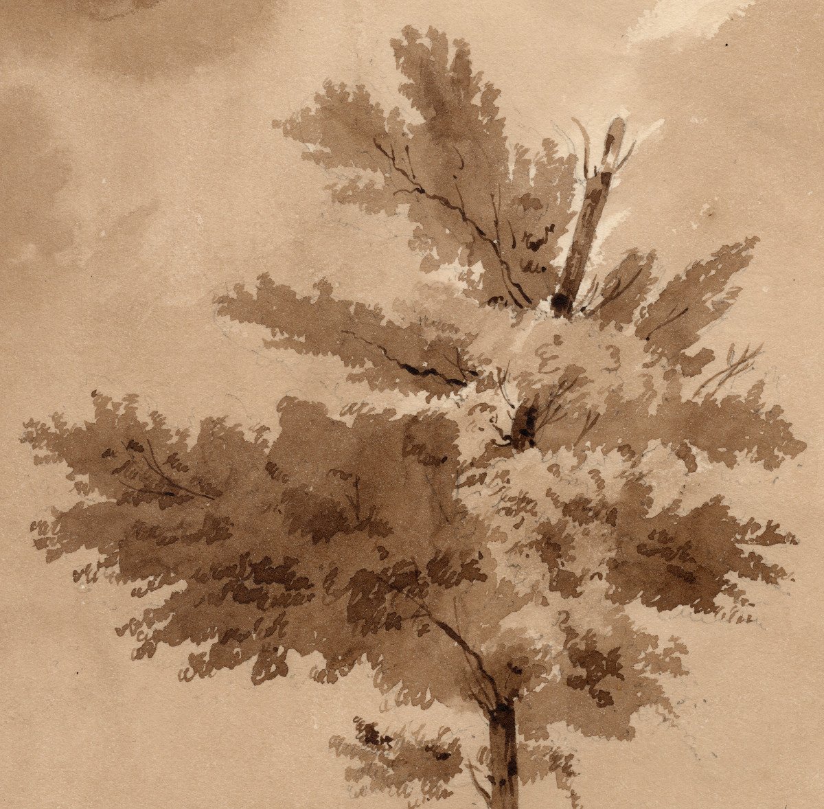 Claude Thiénon, 1827, Deux silhouettes aux abords d'un lac, dessin au lavis, signé-photo-3