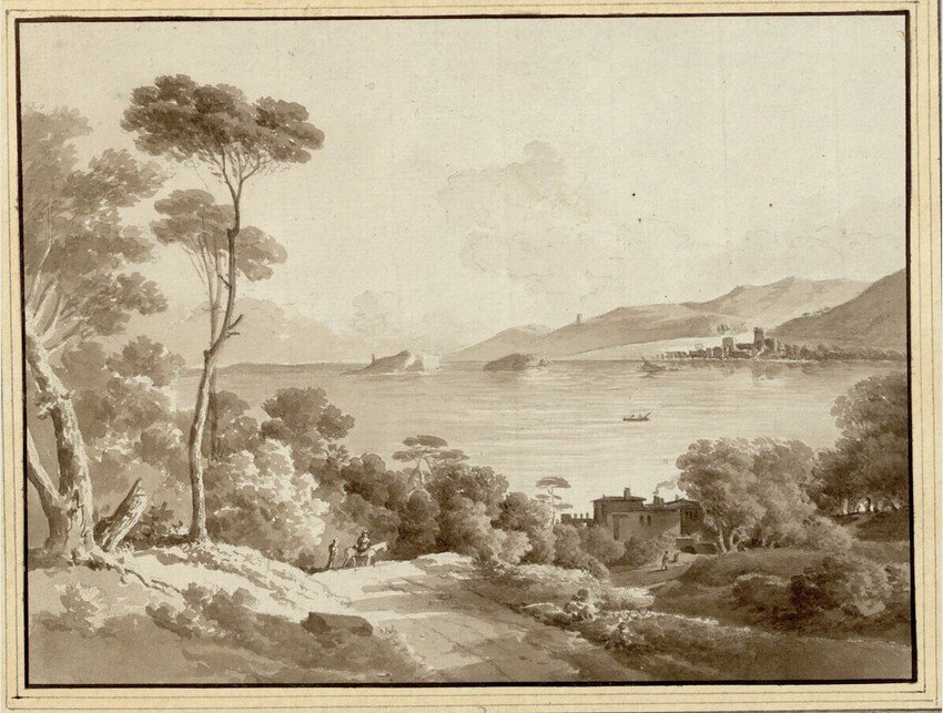 Claude Thiénon, 1827, Deux silhouettes aux abords d'un lac, dessin au lavis, signé-photo-4