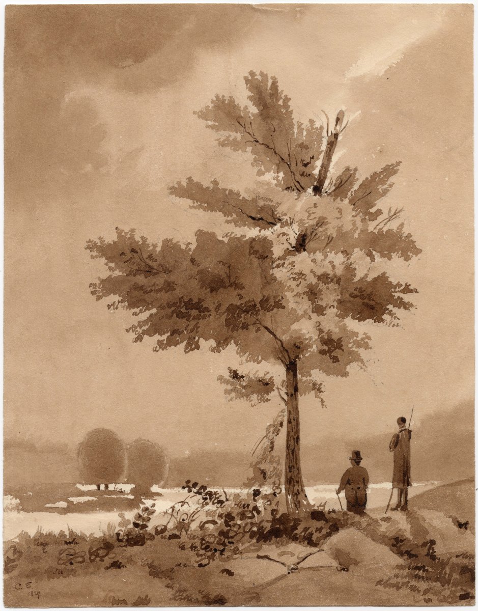 Claude Thiénon, 1827, Two Silhouettes Near A Lake, Ink Wash Drawing, Signed-photo-2