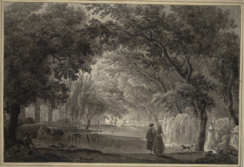 Claude Thiénon, 1827, Deux silhouettes aux abords d'un lac, dessin au lavis, signé-photo-1