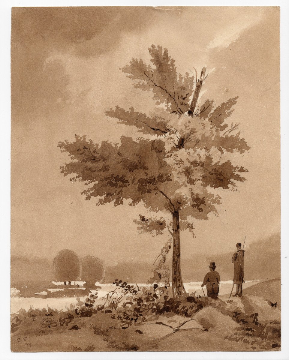 Claude Thiénon, 1827, Deux silhouettes aux abords d'un lac, dessin au lavis, signé