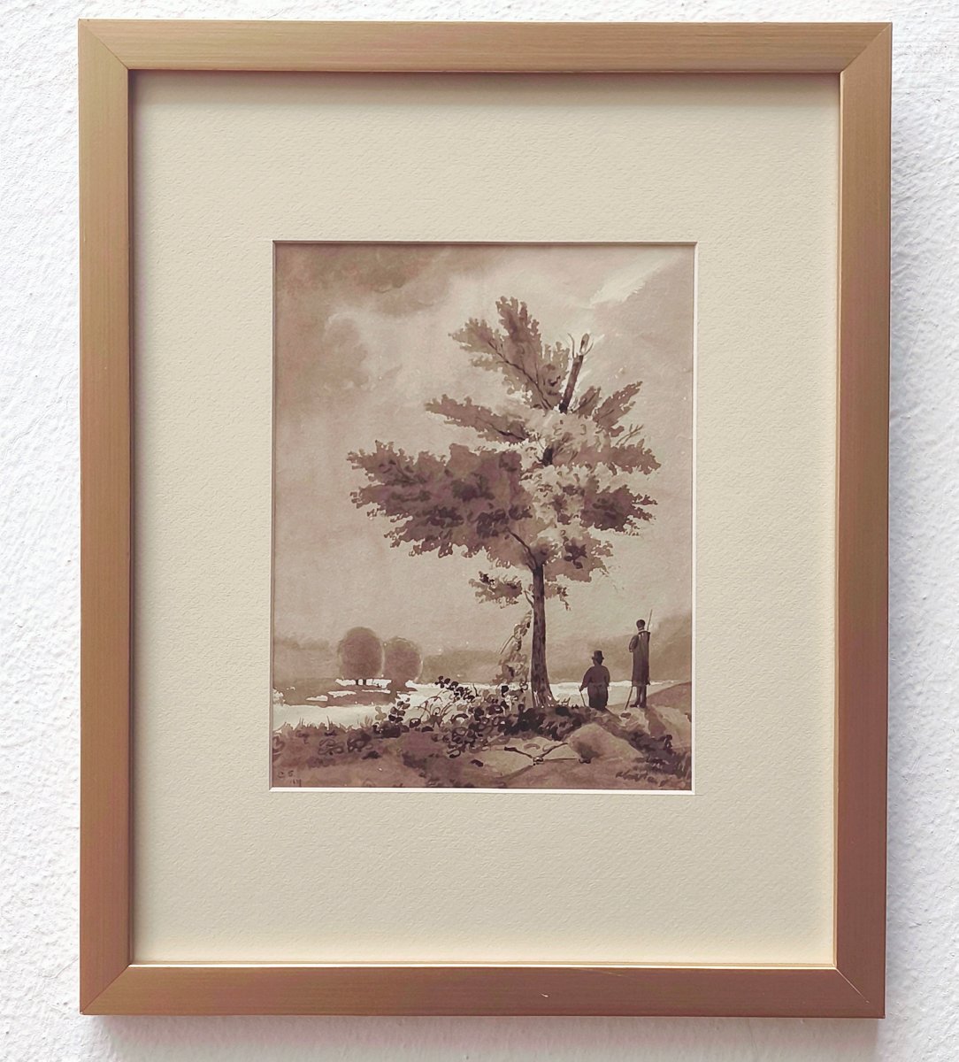 Claude Thiénon, 1827, Two Silhouettes Near A Lake, Ink Wash Drawing, Signed