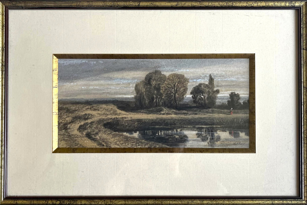 Louis Marvy (1815-1850), A Silhouette In A Romantic Landscape, Signed Watercolor