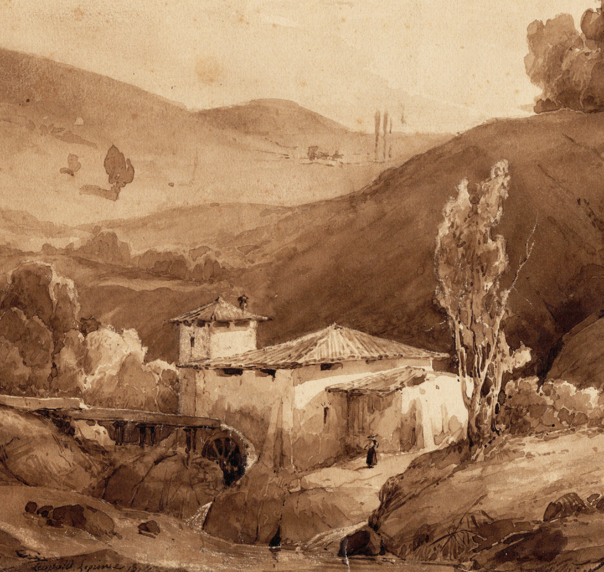 Léopold Leprince, 1827 - Paysage de la campagne française, ferme et moulin, lavis, signé-photo-2
