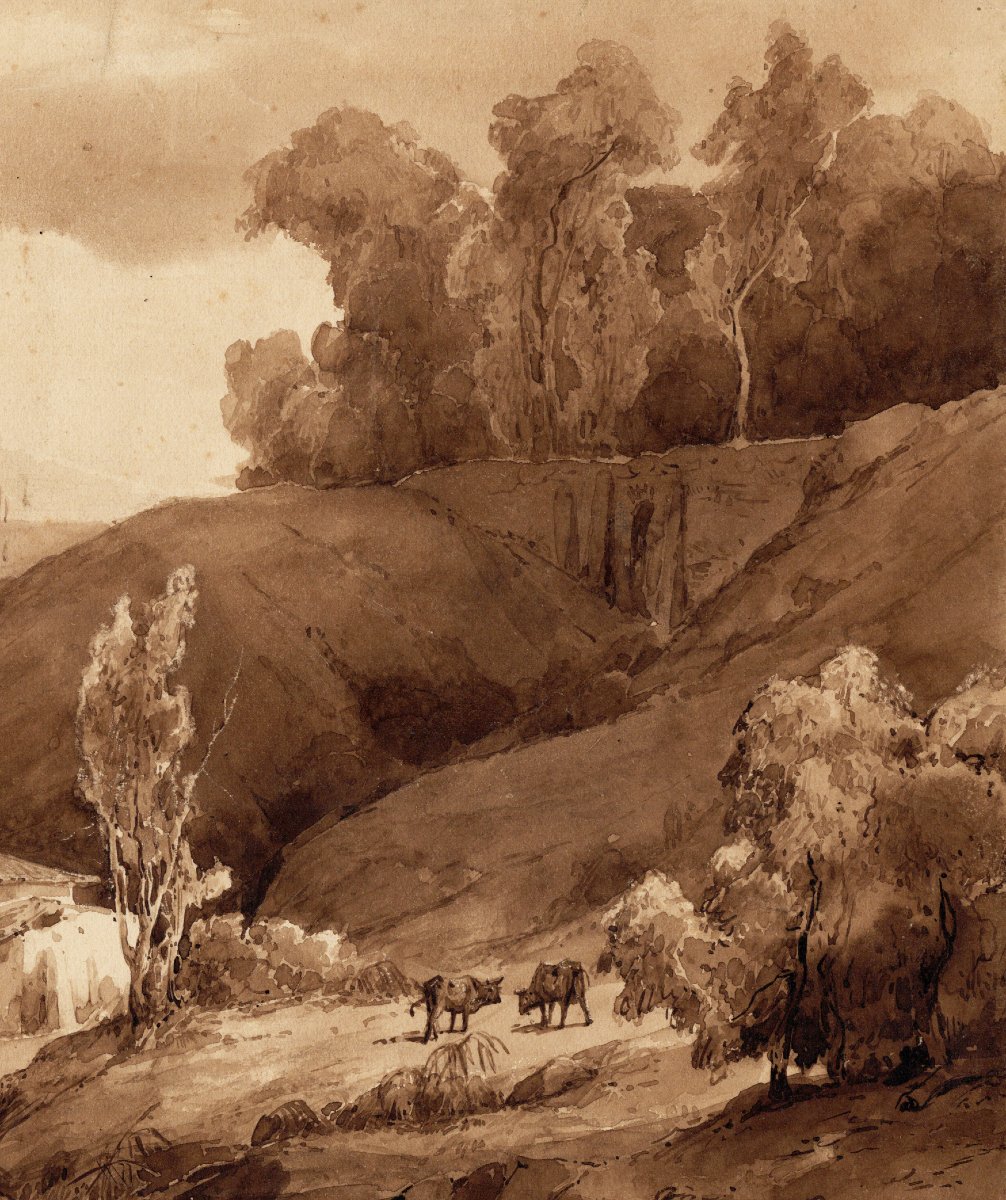 Léopold Leprince, 1827 - Paysage de la campagne française, ferme et moulin, lavis, signé-photo-3