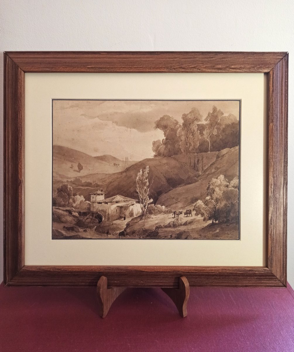 Léopold Leprince, 1827 - Paysage de la campagne française, ferme et moulin, lavis, signé-photo-2