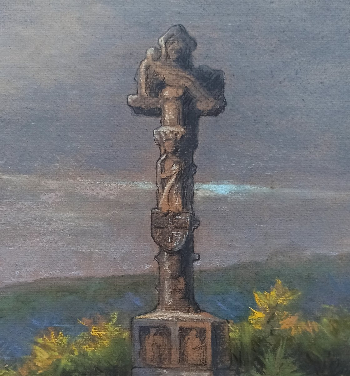 Calvary In Brittany, Circa 1900, Pastel Signed Georges Lorgeoux, With Inscription To F. Fénéon-photo-2