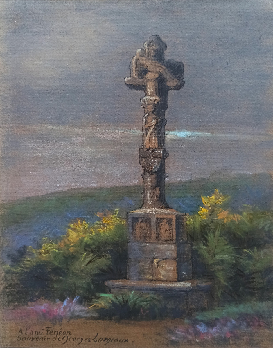 Calvary In Brittany, Circa 1900, Pastel Signed Georges Lorgeoux, With Inscription To F. Fénéon