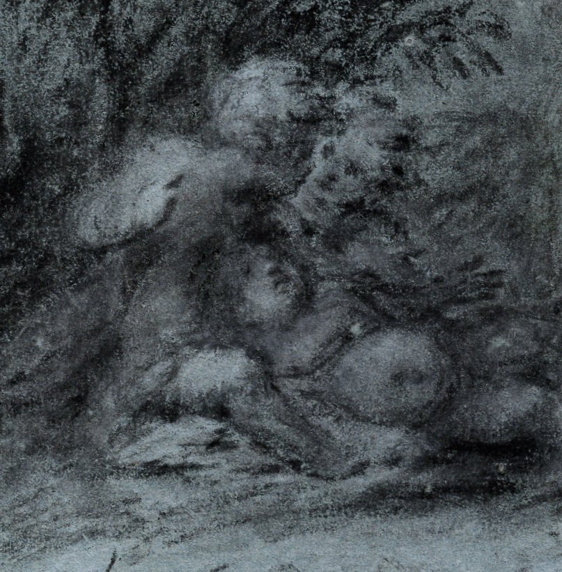 Circle Of Prud'hon, Early 19th Century, Three Cupids Playing In Nature, Charcoal On Blue Paper-photo-2