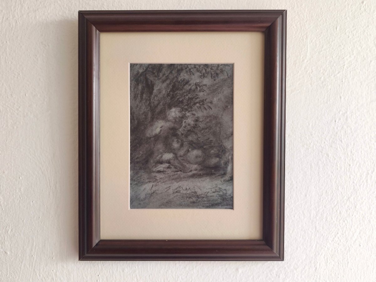 Circle Of Prud'hon, Early 19th Century, Three Cupids Playing In Nature, Charcoal On Blue Paper-photo-1