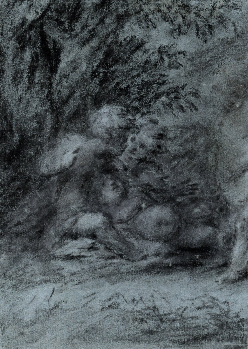 Circle Of Prud'hon, Early 19th Century, Three Cupids Playing In Nature, Charcoal On Blue Paper