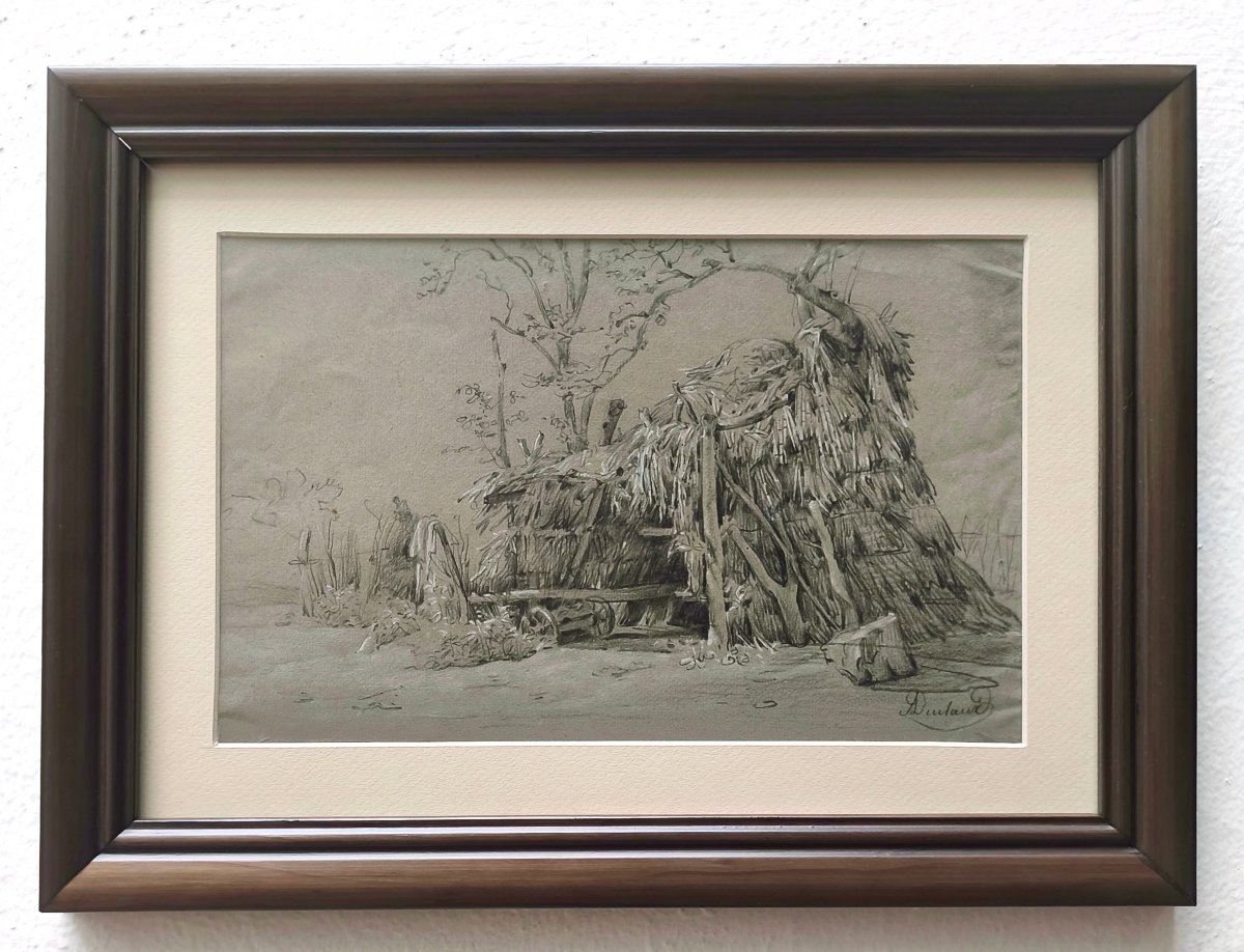 Antoine Duclaux, Une Cabane dans la campagne lyonnaise, vers 1830-1850, dessin signé-photo-2