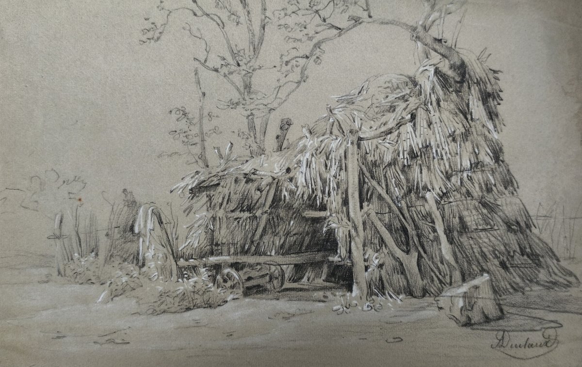Antoine Duclaux, Une Cabane dans la campagne lyonnaise, vers 1830-1850, dessin signé