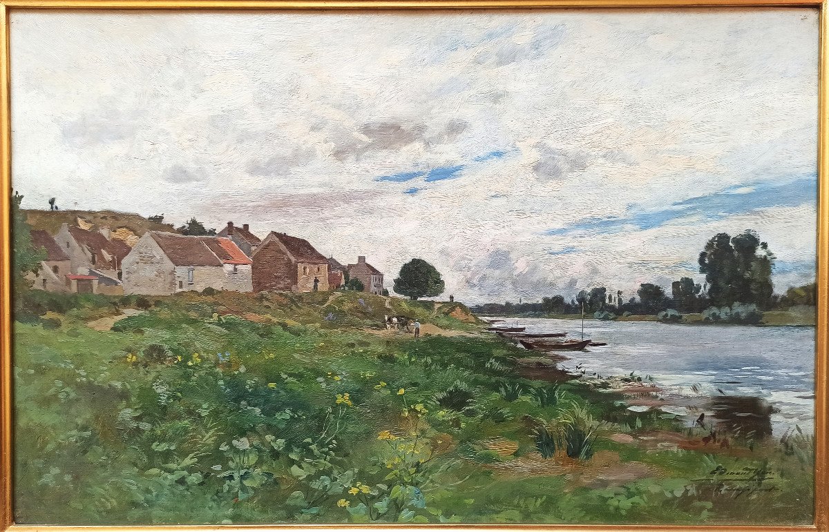 Edmond Yon (1841-1897), Paysage des bords de Seine à Rangiport, 1887, Huile sur toile signée-photo-2