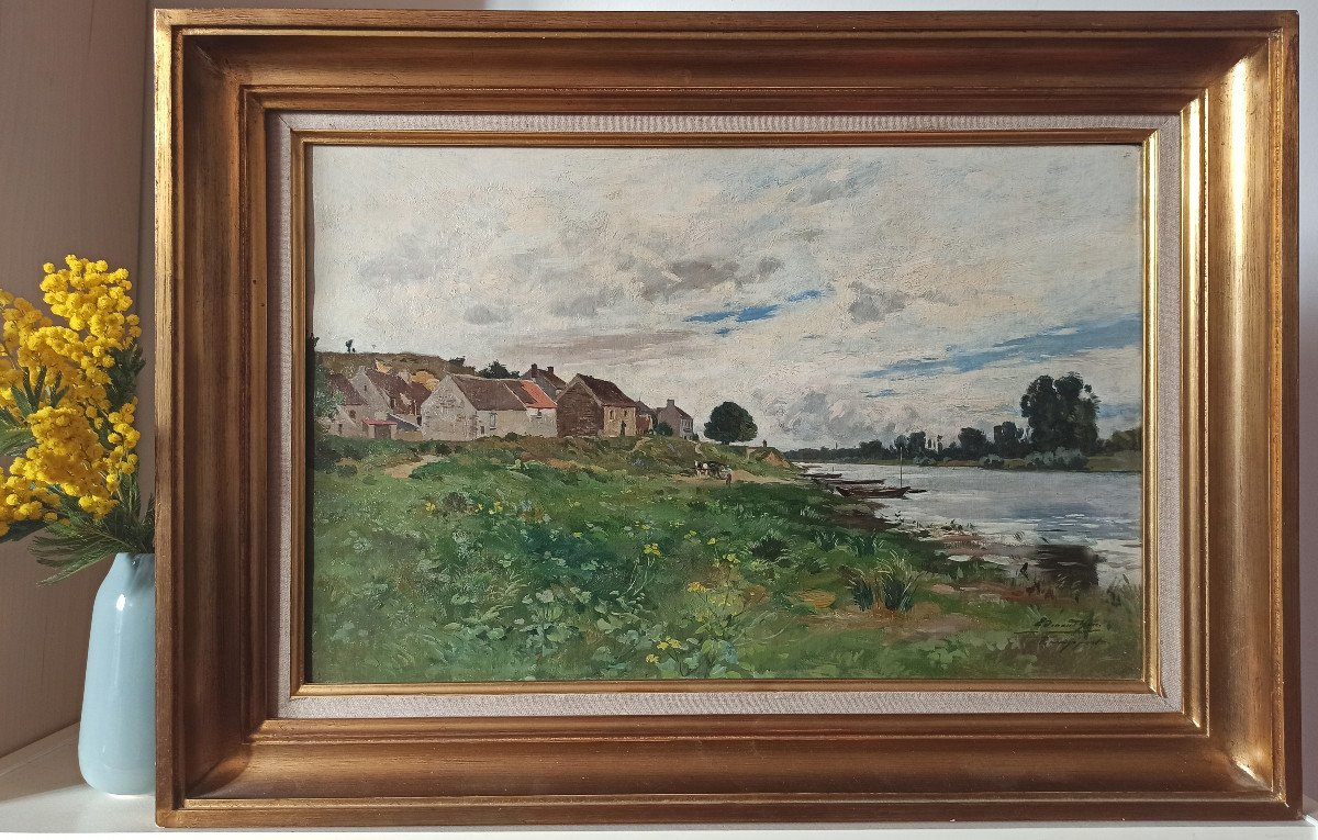 Edmond Yon (1841-1897), Paysage des bords de Seine à Rangiport, 1887, Huile sur toile signée-photo-6