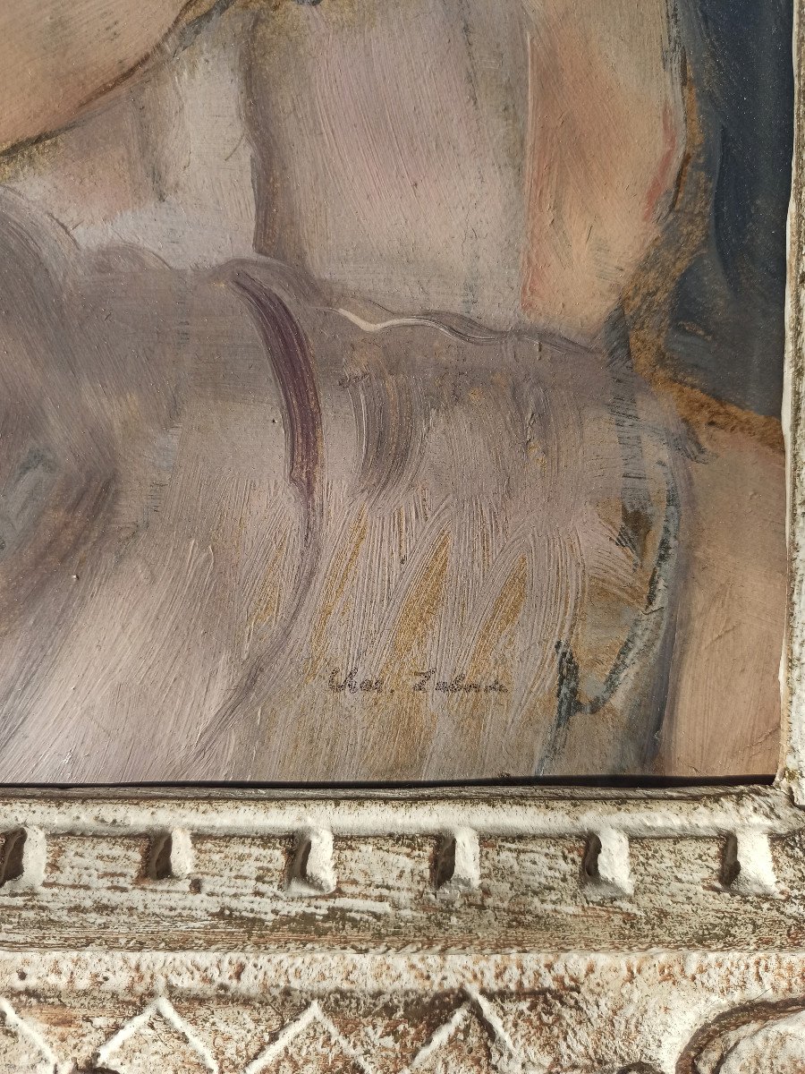 Chas Laborde (1886-1941), Portrait de femme au déshabillé rose, huile sur panneau-photo-1