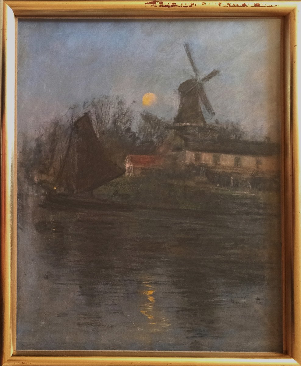 Siebe Johannes Ten Cate (1858-1908), Paysage de Hollande au moulin,pastel signé (provenance Vollard)-photo-1