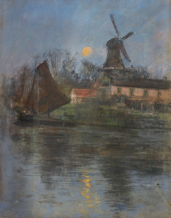 Siebe Johannes Ten Cate (1858-1908), Paysage de Hollande au moulin,pastel signé (provenance Vollard)