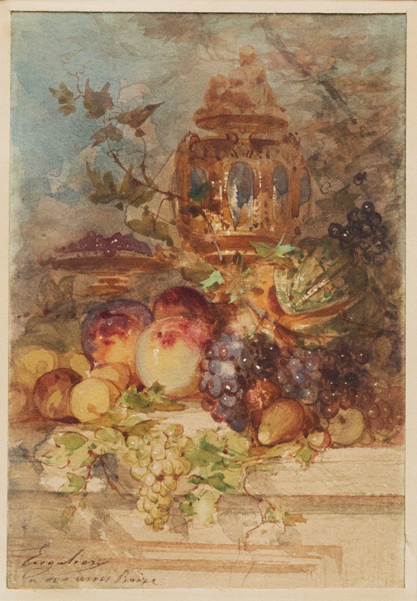 Marius Engaliere (1824-1857, Marseille), Nature morte à l'aiguière et aux fruits de l'été, très fine aquarelle, signée