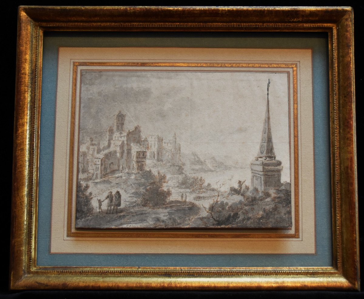 Drawing By Jan Van Almeloveen (1656-1684, Saftleven's Engraver), Landscape With Figures, Signed, Dated 1680-photo-4