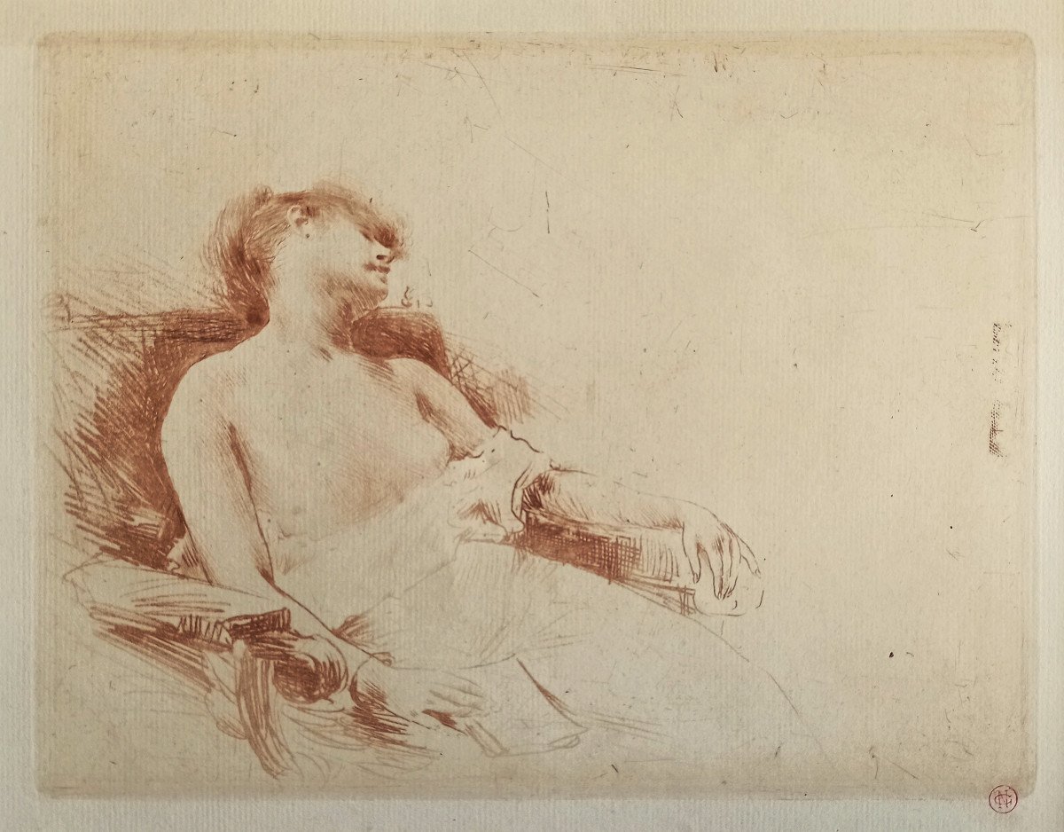 Norbert Goeneutte (1854-1894), Somnolence, gravure au vernis mou, manière de sanguine, 1888