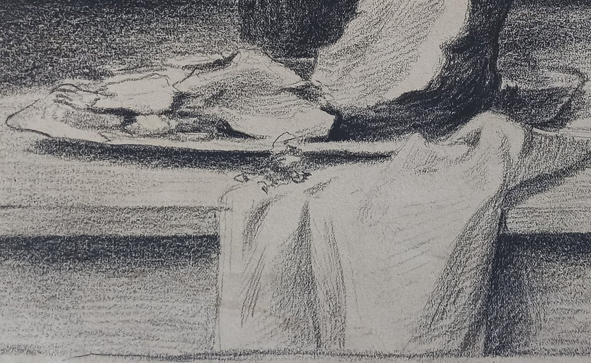 dessin de Franck Bail (1858 - 1924, Lyon), Nature morte au jambonneau, 1895, fusain, signé-photo-3