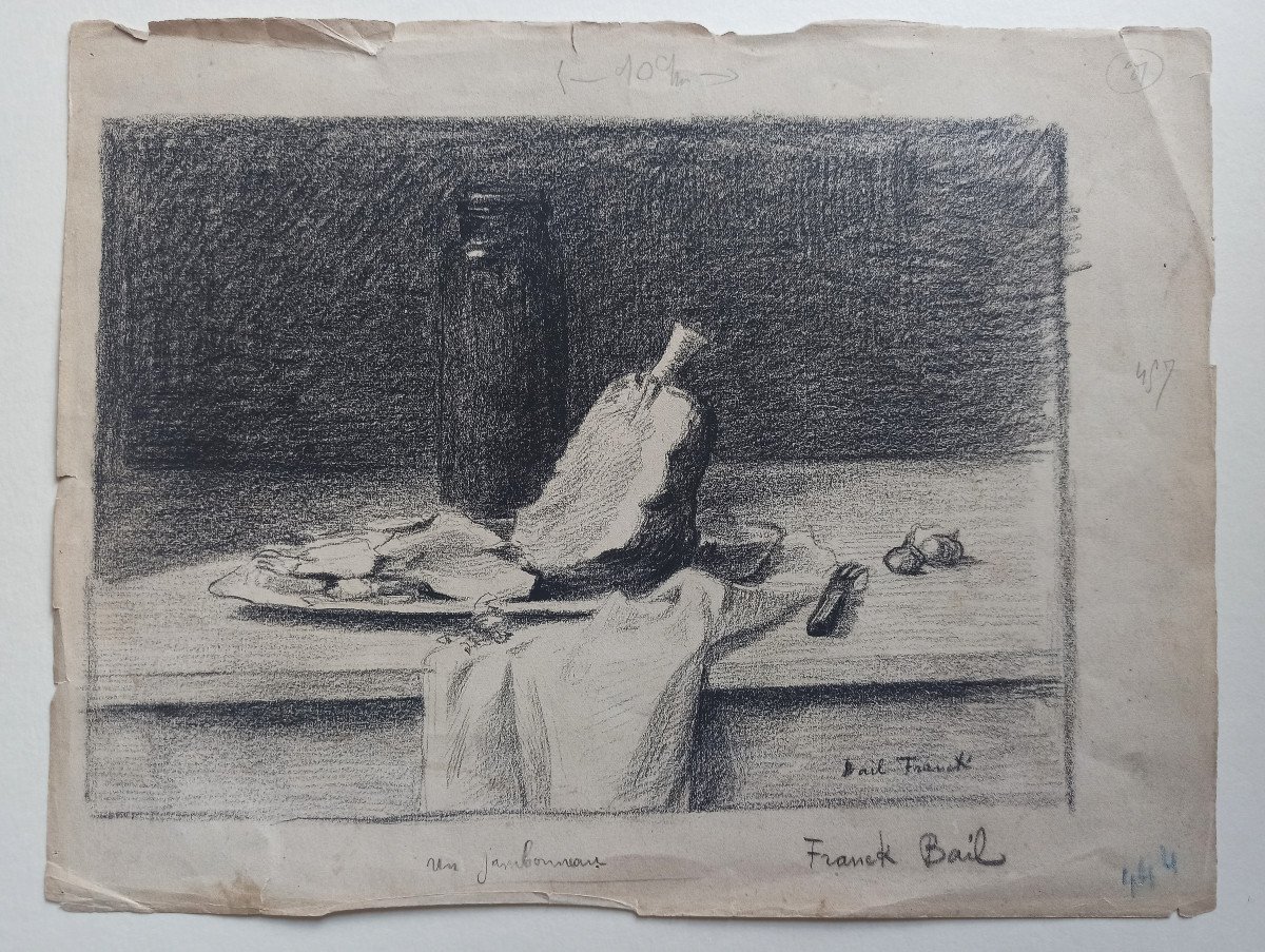 dessin de Franck Bail (1858 - 1924, Lyon), Nature morte au jambonneau, 1895, fusain, signé-photo-1