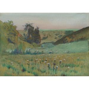 Charles Guilloux (1866-1946), Printemps en Gouédic, Saint-Brieuc, Bretagne, pastel signé, 1899