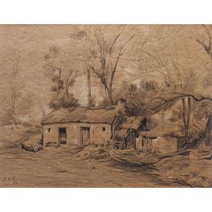 Jean-Charles Cazin (1841-1903), Paysage à la chaumière, dessin signé et daté 1884
