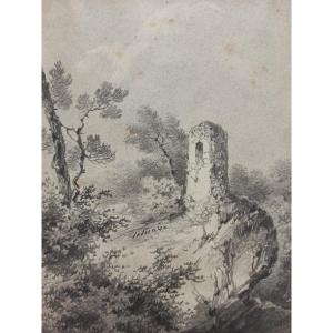 Pierre Letuaire (1798-1884), Landscape In Provence With A Promontory, Charcoal Drawing , Signed