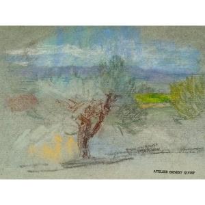 Ernest Quost (1842 – 1931), Paysage lumineux, pastel sur papier bleu (tampon de l'atelier)