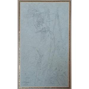 Hector Viger, Les Lilas Du Voisin (salon Of 1878), Drawing On Blue Paper, Signed