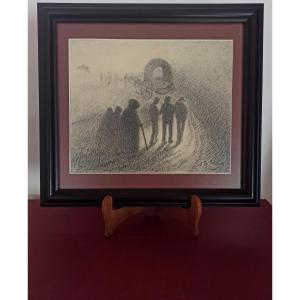 Bernard Joseph Artigue, A Religious Procession At Dusk, Signed Drawing, Fin De Siècle