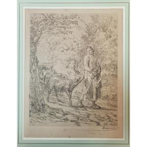1er état (sur 7) d'une estampe de Bracquemond d'après Millet – "le Nouveau né", 1886, signée