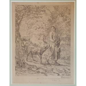 1st State  (on 7) Of A Print By Bracquemond After Millet – "the New Born Lamb", 1886, Signed