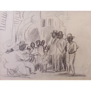 Hermine David – Musiciens de rue à Cuba, vers 1917-1918 - fusain