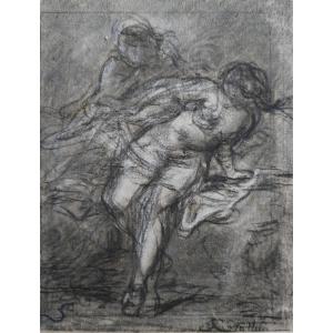 Suzanne And The Elders - France Late 18th Century, Charcoal On Paper