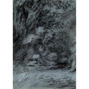 Entourage de Prud'hon, début XIXe, Trois amours jouant dans la nature, fusain sur papier bleu