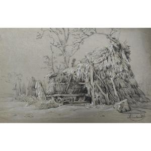 Antoine Duclaux, Une Cabane dans la campagne lyonnaise, vers 1830-1850, dessin signé
