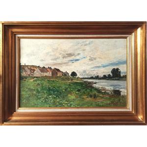 Edmond Yon (1841-1897), Paysage des bords de Seine à Rangiport, 1887, Huile sur toile signée
