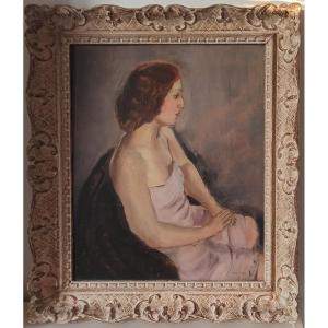 Chas Laborde (1886-1941), Portrait de femme au déshabillé rose, huile sur panneau