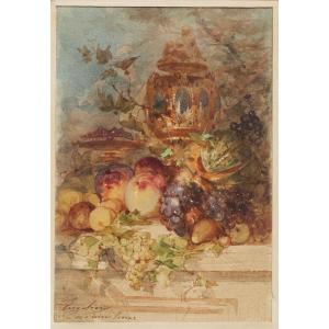 Marius Engalière (1824-1857, Marseille), Nature morte aux fruits de l'été, aquarelle, signée