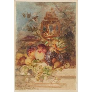 Marius Engaliere (1824-1857, Marseille), Nature morte à l'aiguière et aux fruits de l'été, très fine aquarelle, signée