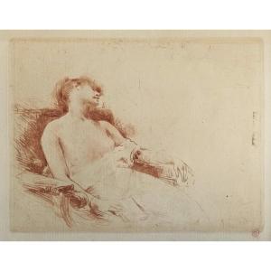 Norbert Goeneutte (1854-1894), Somnolence, gravure au vernis mou, manière de sanguine, 1888