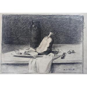 dessin de Franck Bail (1858 - 1924, Lyon), Nature morte au jambonneau, 1895, fusain, signé