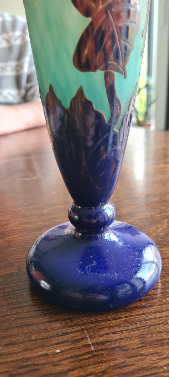Rare Vase Le Verre Français Dégagé à L Acide Et Anses Appliquées à Chaud vers 1920-photo-2