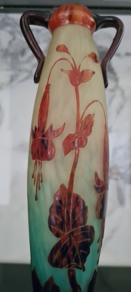 Rare Vase Le Verre Français Dégagé à L Acide Et Anses Appliquées à Chaud vers 1920-photo-6